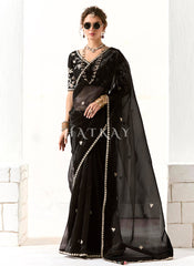 Black Embroidered Tissue Silk Saree
