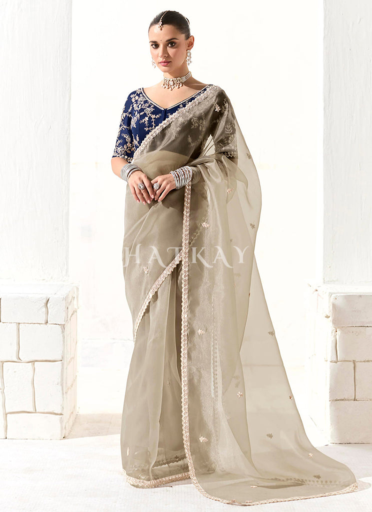 Beige And Blue Embroidered Tissue Silk Saree