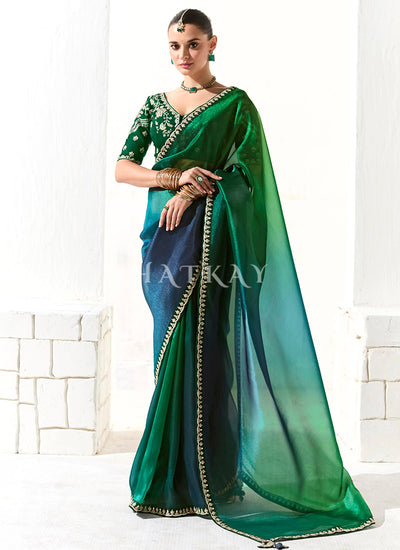 Green And Blue Embroidered Tissue Silk Saree