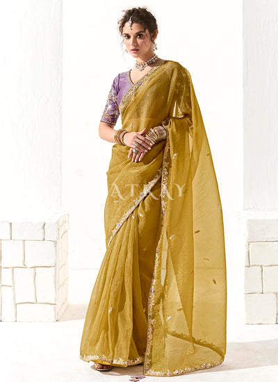 Yellow And Purple Embroidered Tissue Silk Saree