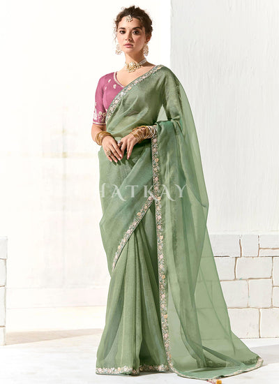 Green And Pink Embroidered Tissue Silk Saree
