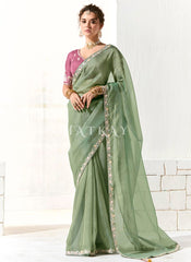Green And Pink Embroidered Tissue Silk Saree
