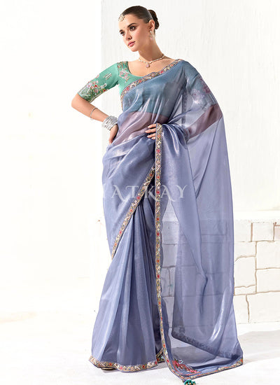 Lavender And Green Embroidered Tissue Silk Saree