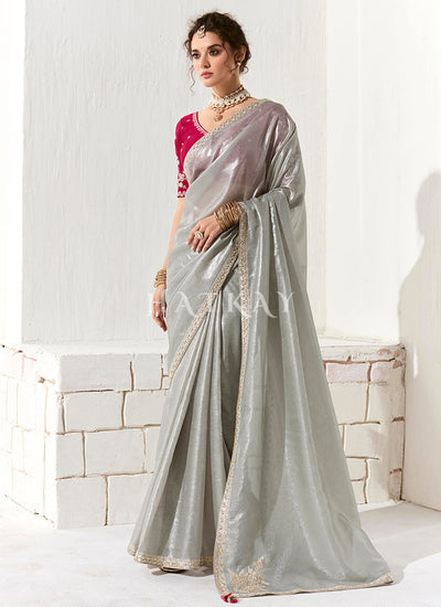 Grey And Magenta Embroidered Tissue Silk Saree