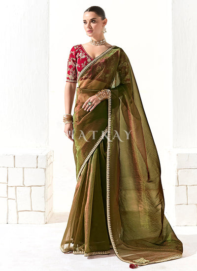 Olive Green And Red Embroidered Tissue Silk Saree