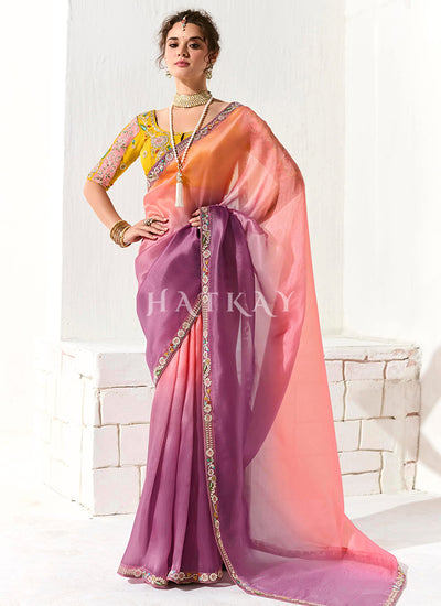 Purple And Yellow Embroidered Tissue Silk Saree