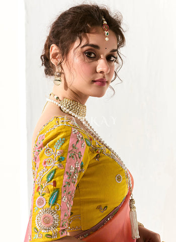 Purple And Yellow Embroidered Tissue Silk Saree