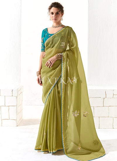 Green And Teal Embroidered Tissue Silk Saree