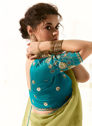 Green And Teal Embroidered Tissue Silk Saree
