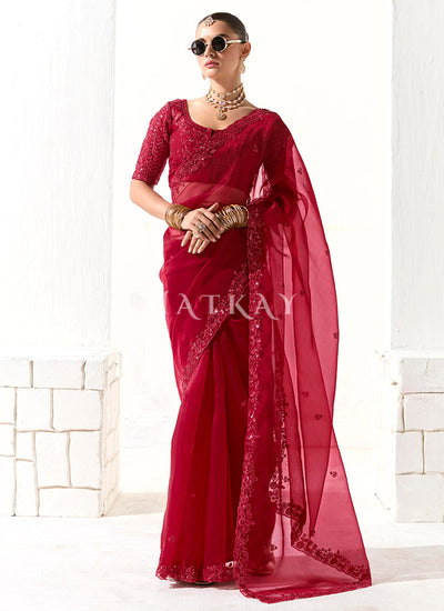 Crimson Red Embroidered Tissue Silk Saree