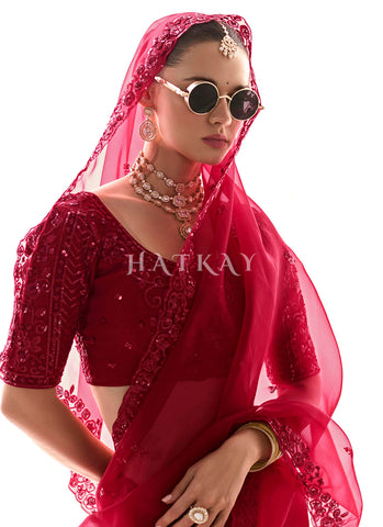 Crimson Red Embroidered Tissue Silk Saree