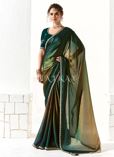 Green Ombré Embroidered Tissue Silk Saree