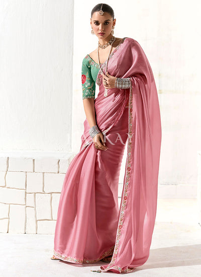 Pink And Green Embroidered Tissue Silk Saree