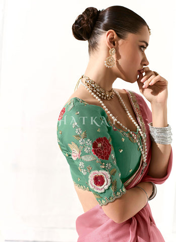 Pink And Green Embroidered Tissue Silk Saree