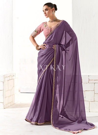 Purple And Pink Embroidered Tissue Silk Saree
