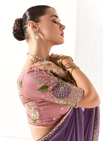 Purple And Pink Embroidered Tissue Silk Saree