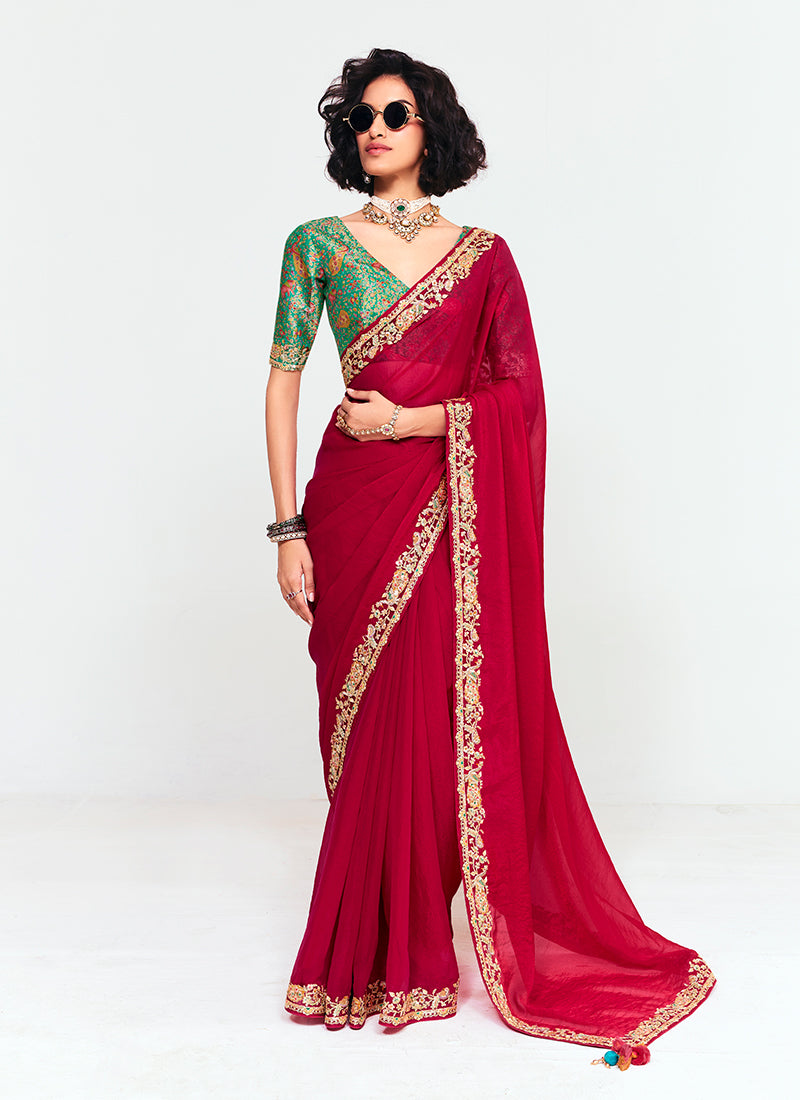 Red and Green Multi Embroidery Silk Saree