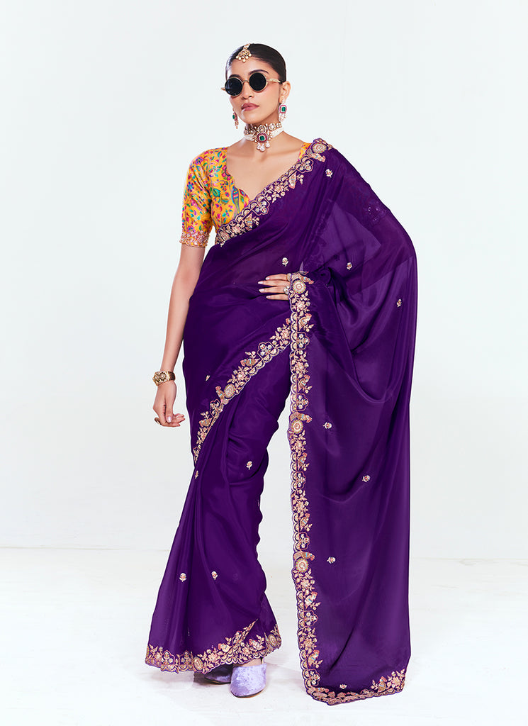 Purple and Yellow Multi Embroidery Silk Saree
