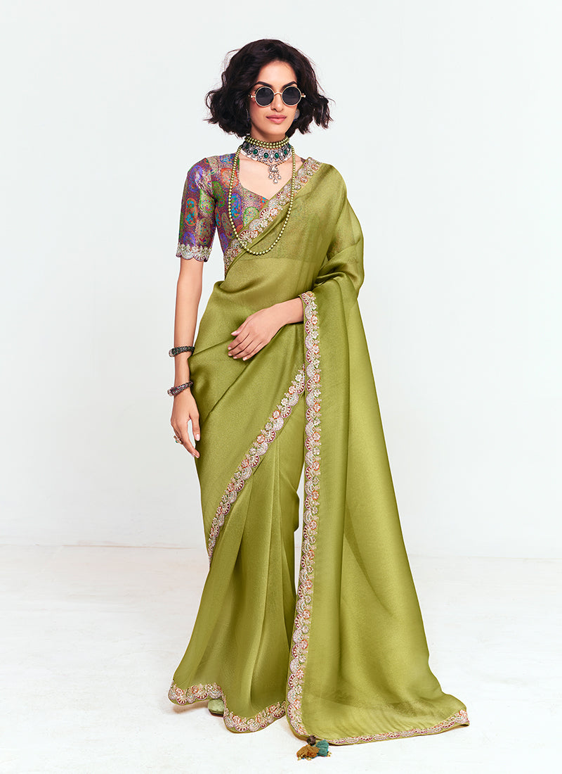 Green and Lavender Multi Embroidery Silk Saree