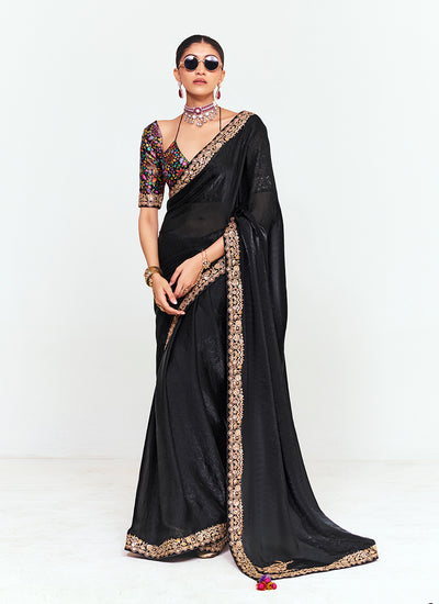 Black Multi Embroidery Silk Saree