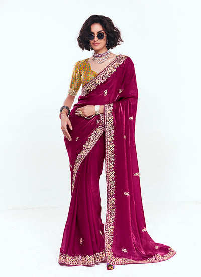 Magenta and Yellow Multi Embroidery Silk Saree