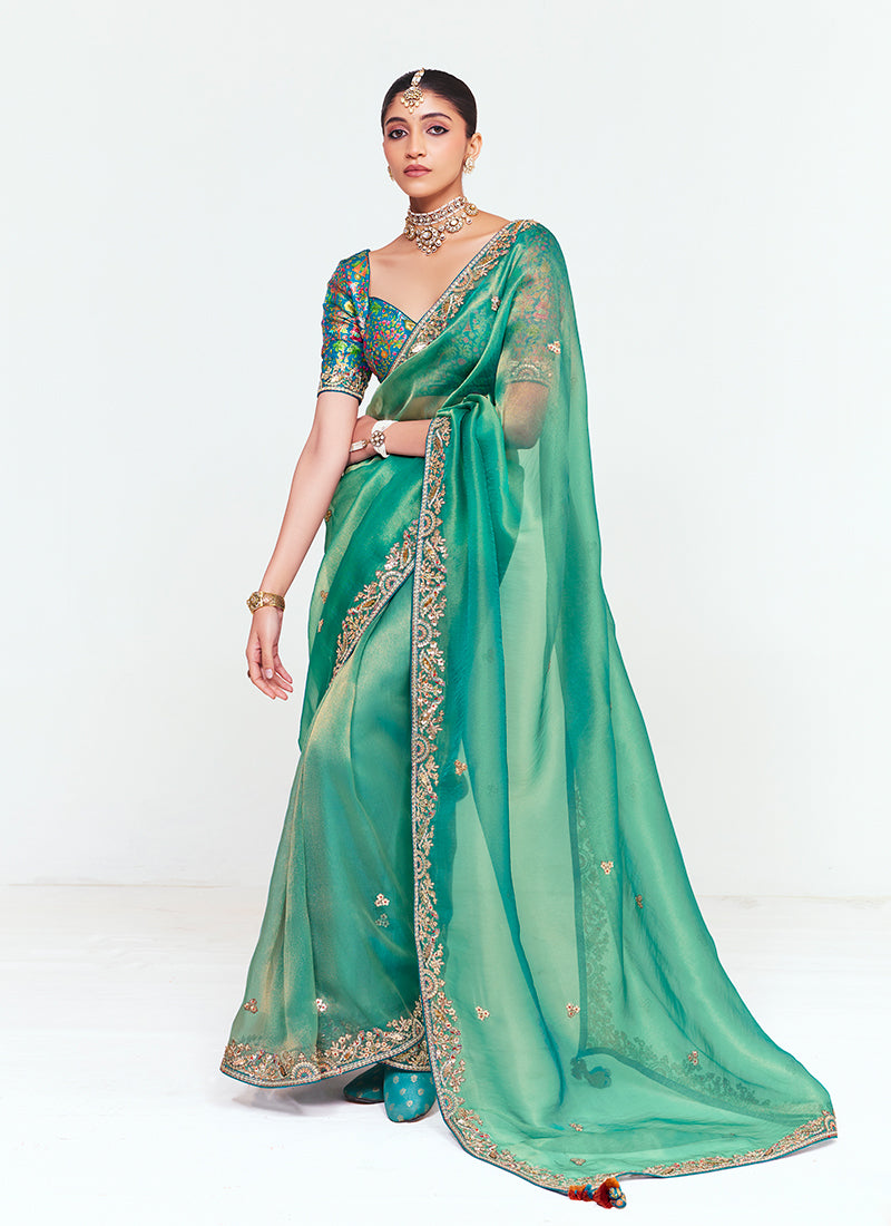 Sea Green and Blue Multi Embroidery Silk Saree