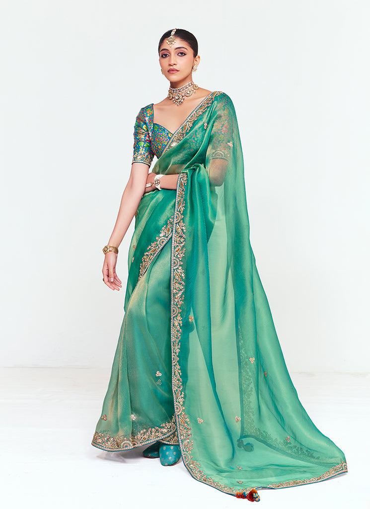 Sea Green and Blue Multi Embroidery Silk Saree