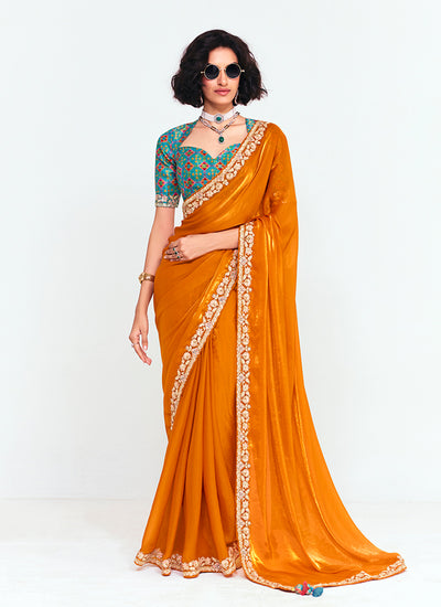 Orange and Teal Multi Embroidery Silk Saree