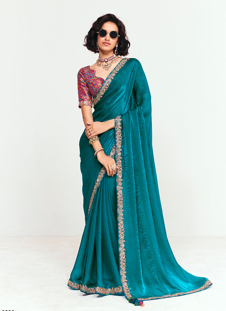 Turquoise and Red Multi Embroidery Silk Saree