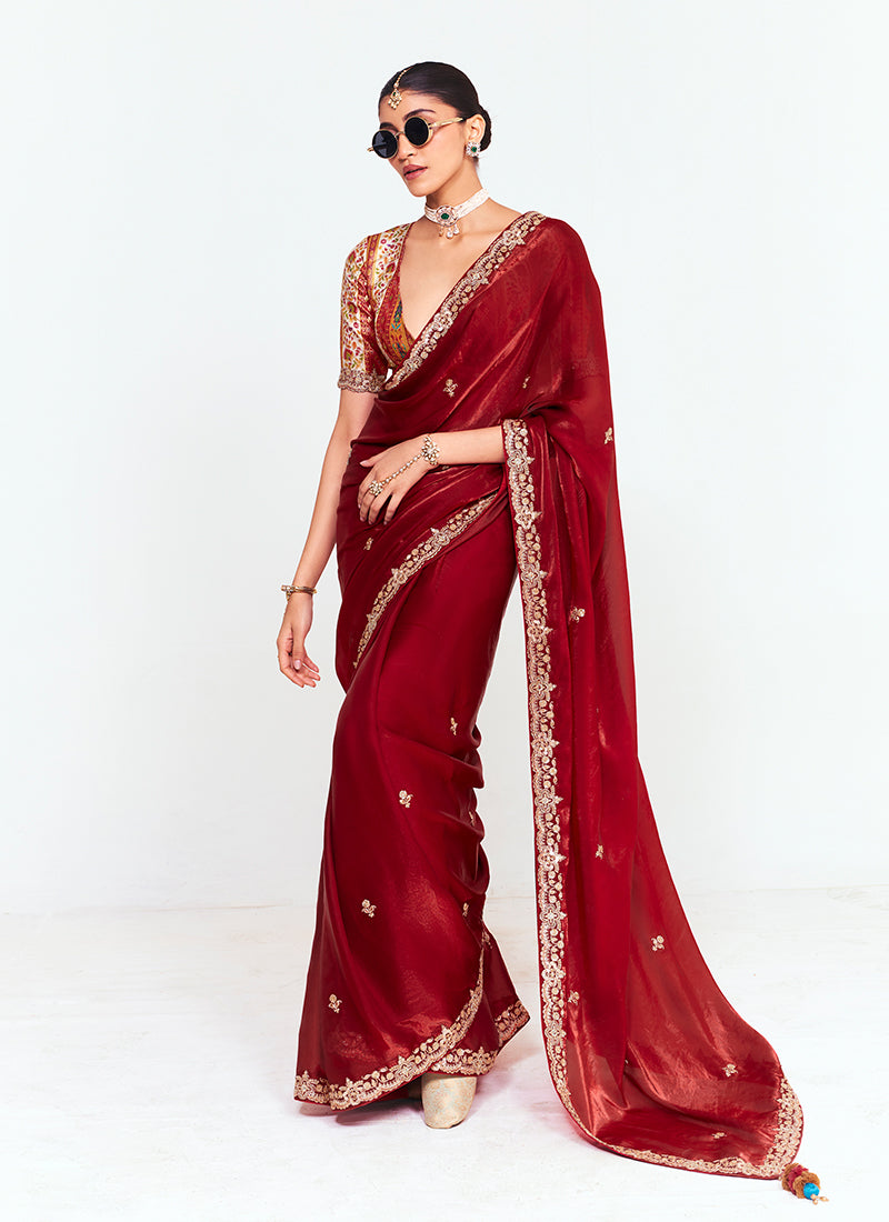 Crimson Red Multi Embroidery Silk Saree