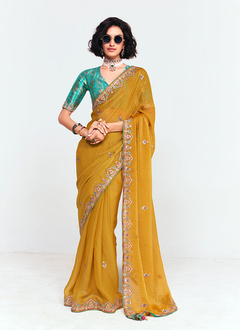 Yellow and Teal Multi Embroidery Silk Saree