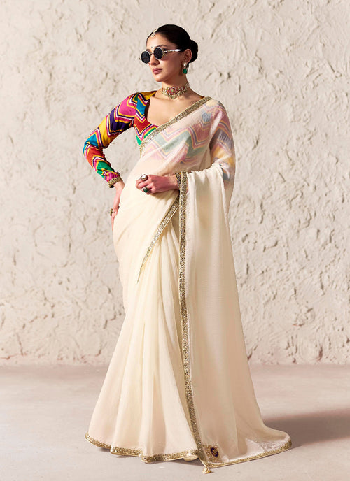Off White Embroidered Designer Wedding Saree