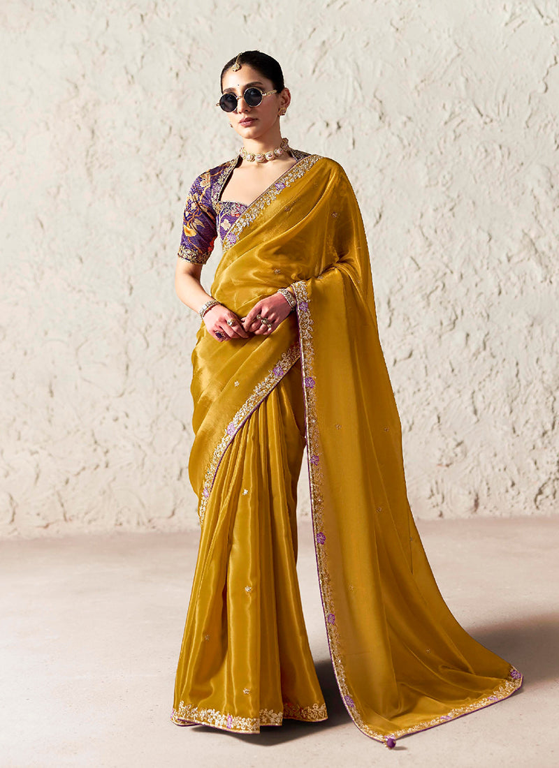Mustard Yellow Embroidered Designer Wedding Saree