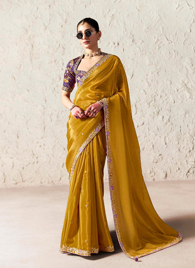 Mustard Yellow Embroidered Designer Wedding Saree