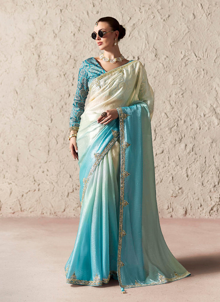 Aqua Blue Embroidered Designer Wedding Saree