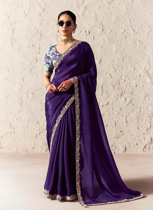 Deep Purple Embroidered Designer Wedding Saree