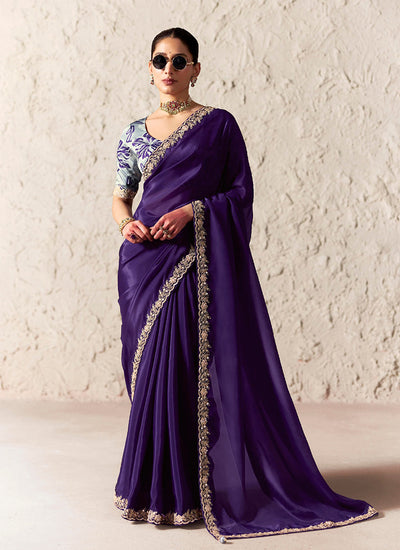 Deep Purple Embroidered Designer Wedding Saree