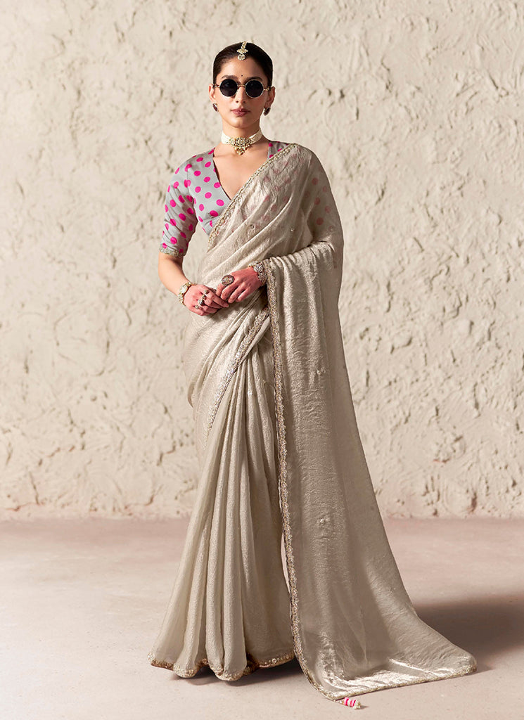 Taupe Grey Embroidered Designer Wedding Saree