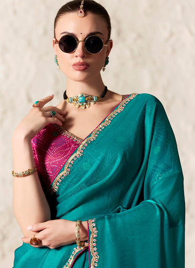 Teal Green Embroidered Designer Wedding Saree