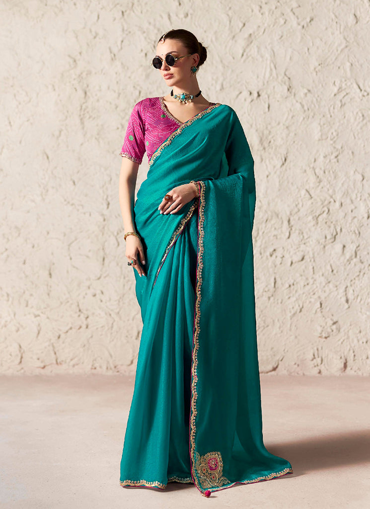 Teal Green Embroidered Designer Wedding Saree