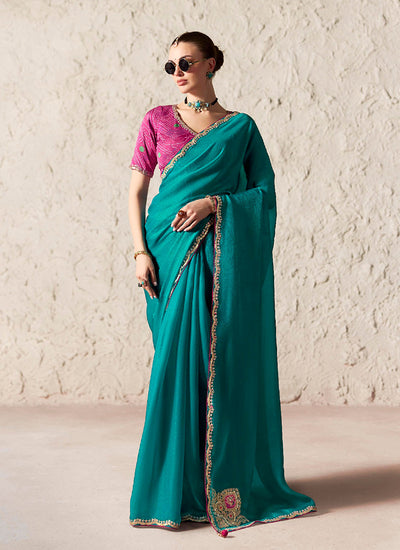 Teal Green Embroidered Designer Wedding Saree