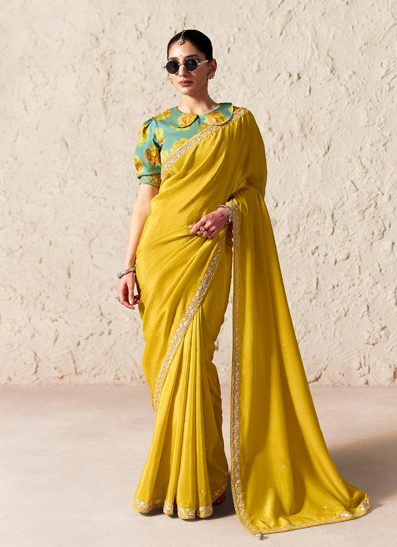 Yellow Embroidered Designer Wedding Saree