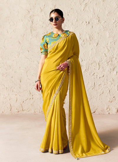 Yellow Embroidered Designer Wedding Saree