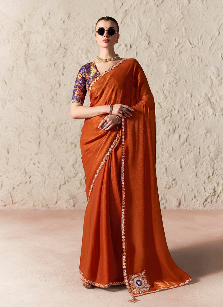 Rust Orange Embroidered Designer Wedding Saree