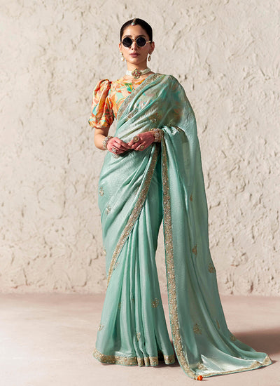 Mint Green Embroidered Designer Wedding Saree