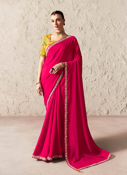 Rani Pink Embroidered Designer Wedding Saree