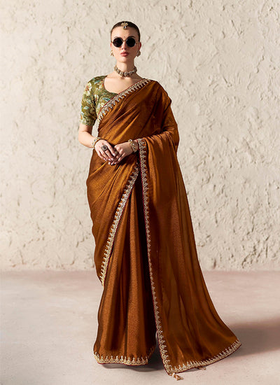 Brown Embroidered Designer Wedding Saree