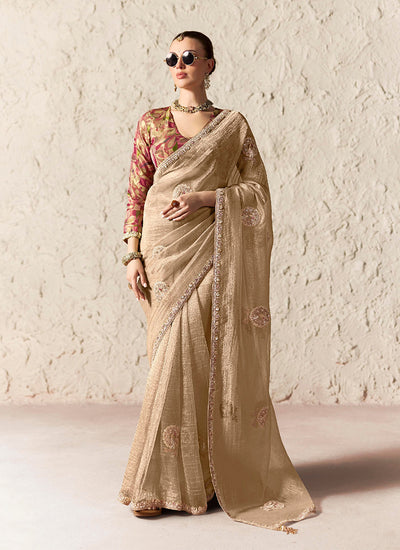 Beige Embroidered Designer Wedding Saree