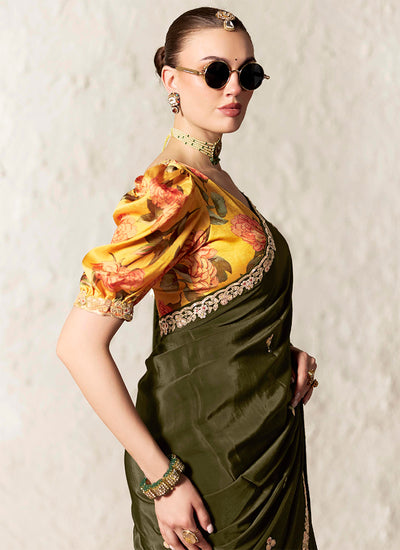 Olive Green Embroidered Designer Wedding Saree