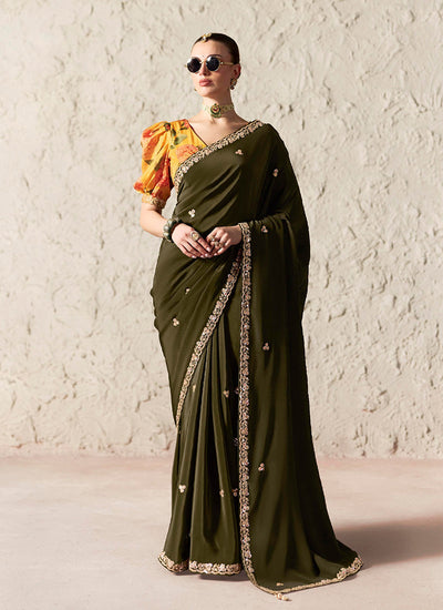 Olive Green Embroidered Designer Wedding Saree